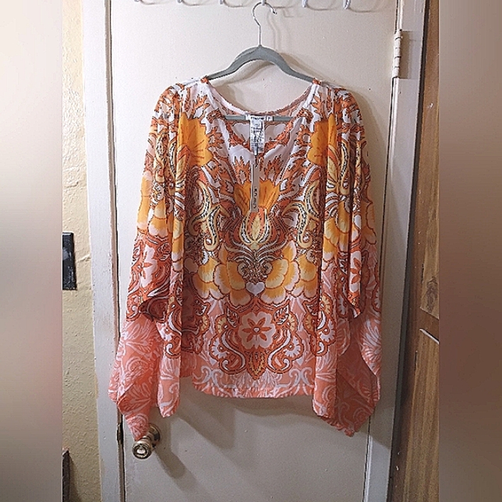 Chico's Women's Paisley Poncho Multicolor Orange L/XL